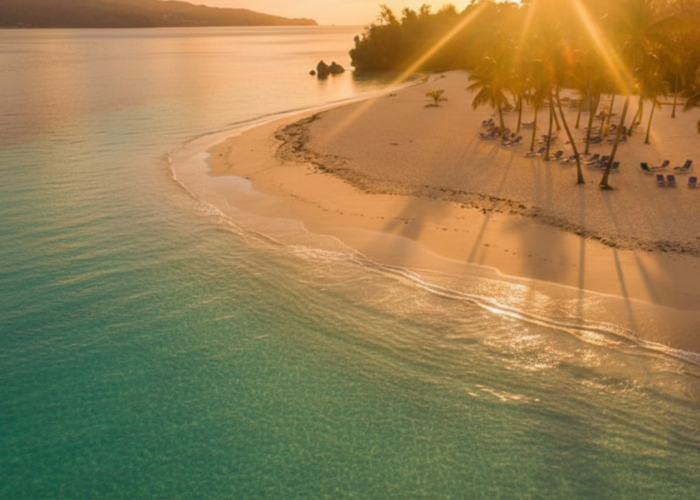 Stunning beach view in Punta Cana with golden sunlight and clear waters, perfect for excursions.