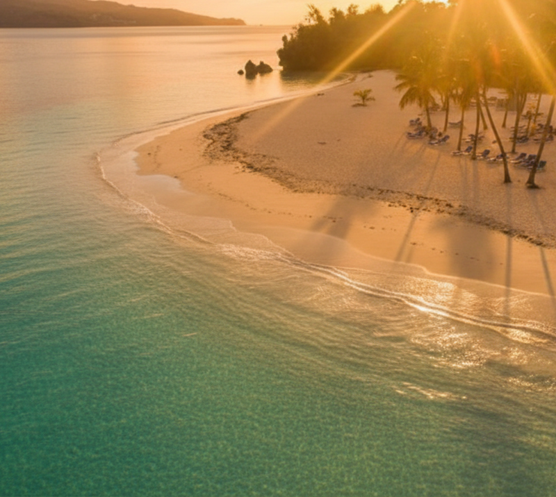 Stunning beach view in Punta Cana with golden sunlight and clear waters, perfect for excursions.