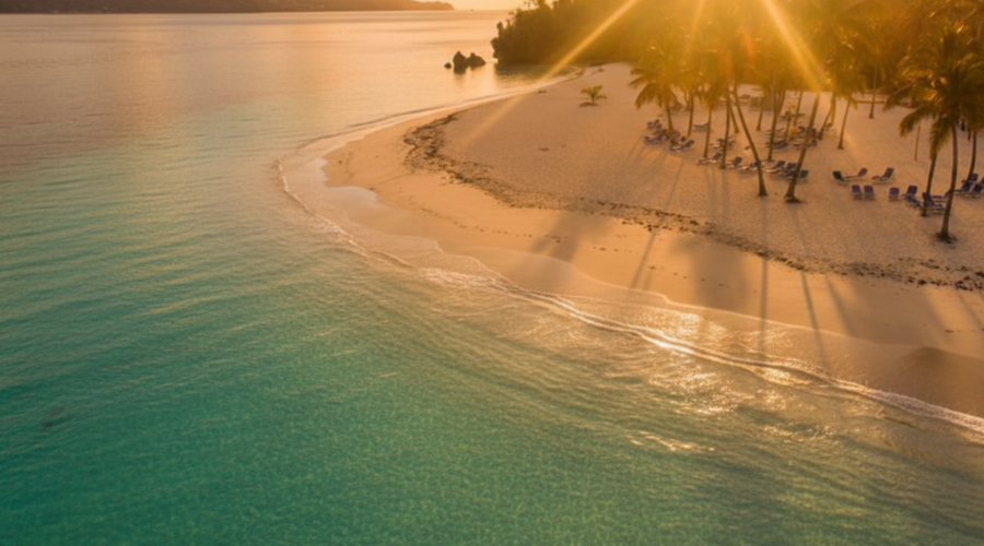 Stunning beach view in Punta Cana with golden sunlight and clear waters, perfect for excursions.