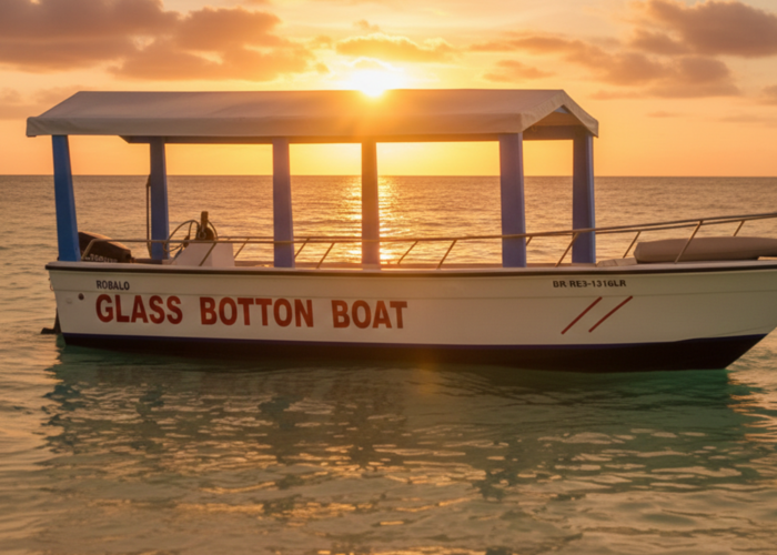 Glass bottom boat at sunset in Punta Cana, perfect for excursions.