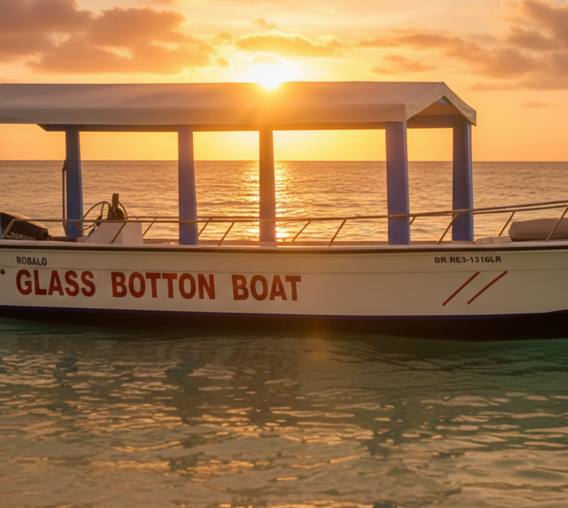 Glass bottom boat at sunset in Punta Cana, perfect for excursions.