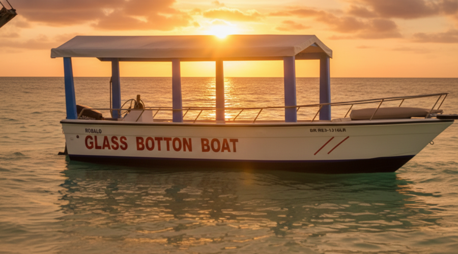 Glass bottom boat at sunset in Punta Cana, perfect for excursions.