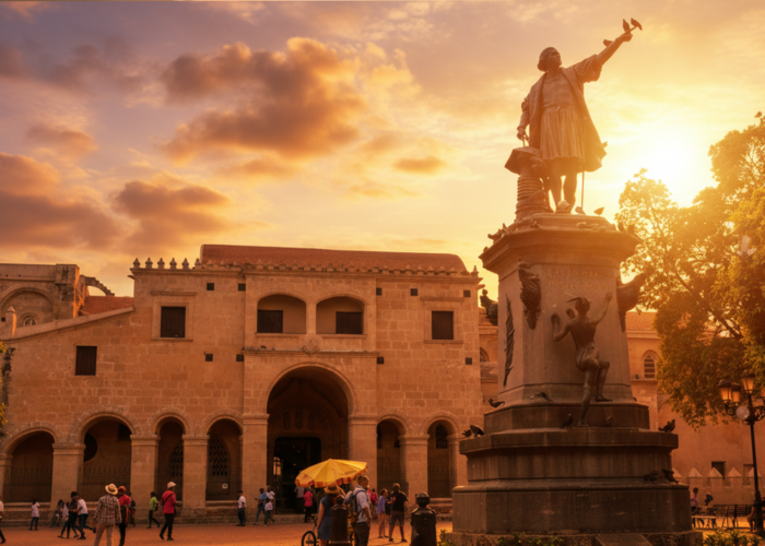Sunset view of a historic statue in Punta Cana with people walking nearby.