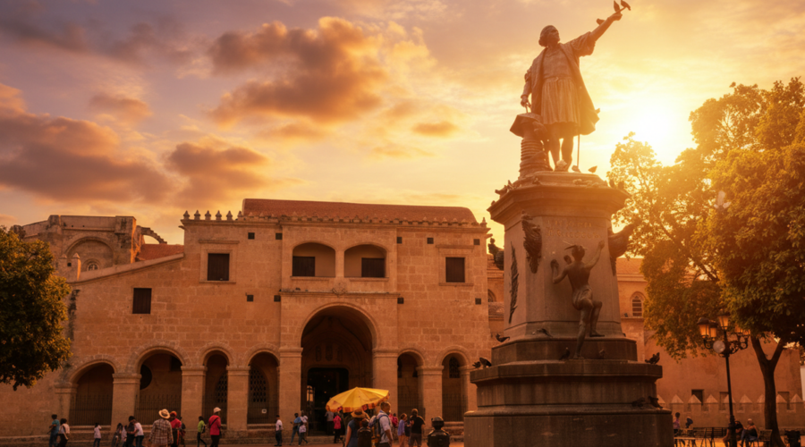 Sunset view of a historic statue in Punta Cana with people walking nearby.