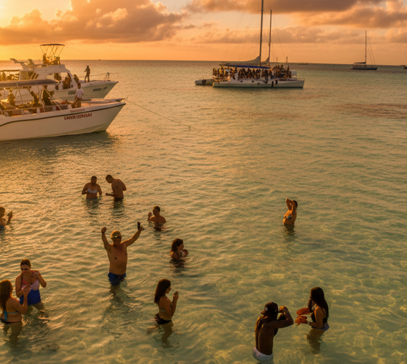 Tourists enjoying a sunset excursion in Punta Cana's clear waters.