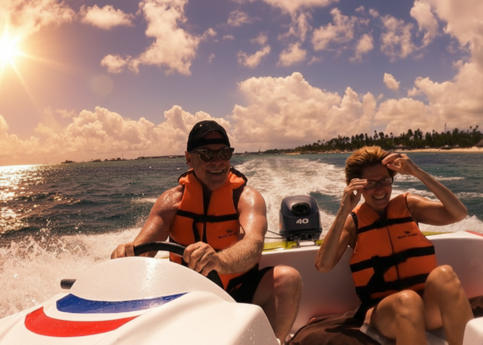 Couple enjoying a thrilling jet ski ride in Punta Cana with Excursia Punta Cana.