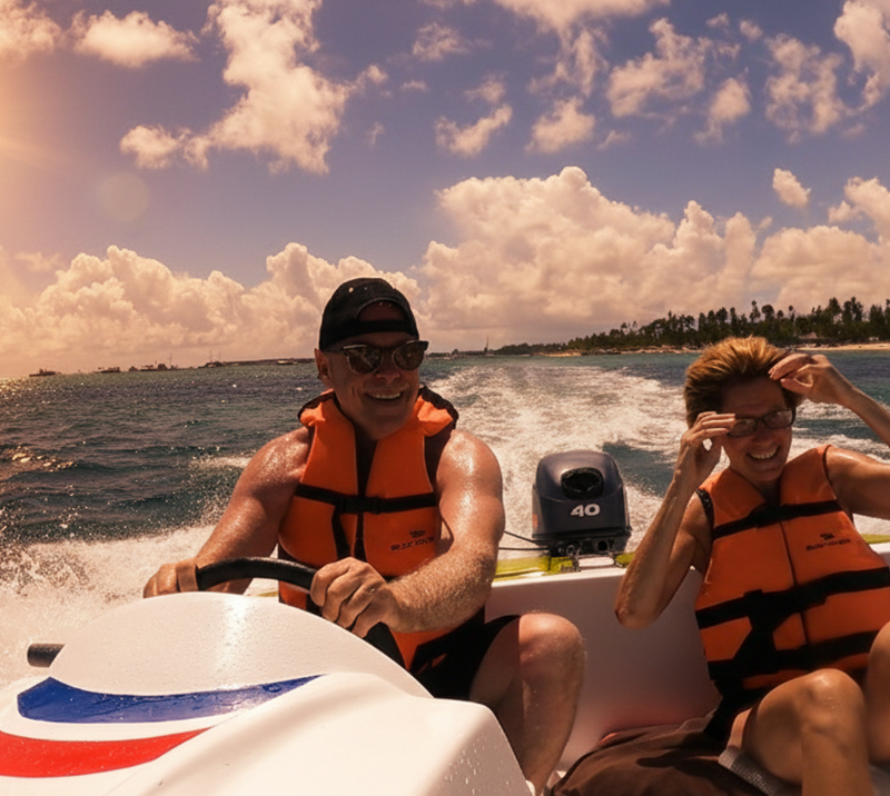 Couple enjoying a thrilling jet ski ride in Punta Cana with Excursia Punta Cana.