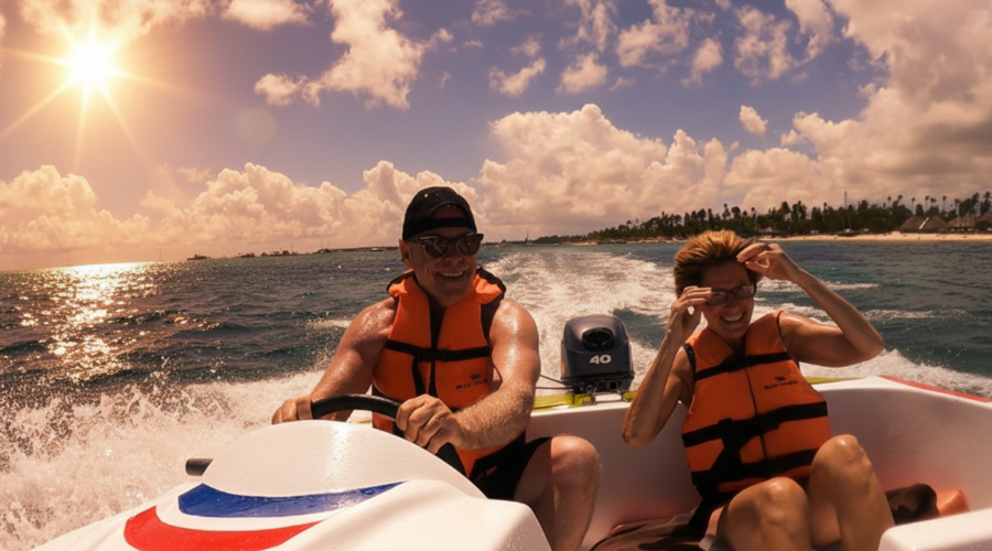 Couple enjoying a thrilling jet ski ride in Punta Cana with Excursia Punta Cana.