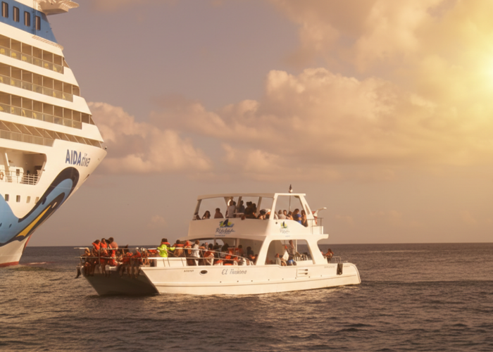 Excursia Punta Cana boat near a cruise ship at sunset