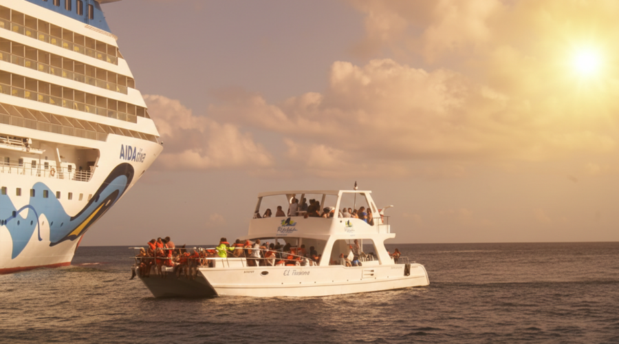 Excursia Punta Cana boat near a cruise ship at sunset