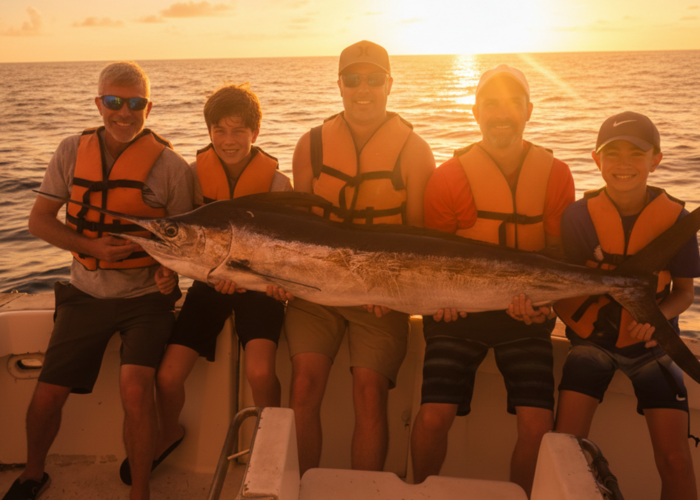 Family fishing trip in Punta Cana with a large marlin catch at sunset