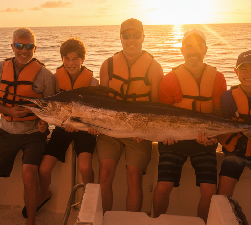 Family fishing trip in Punta Cana with a large marlin catch at sunset