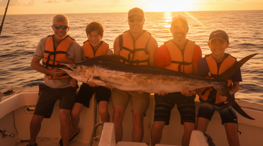 Family fishing trip in Punta Cana with a large marlin catch at sunset