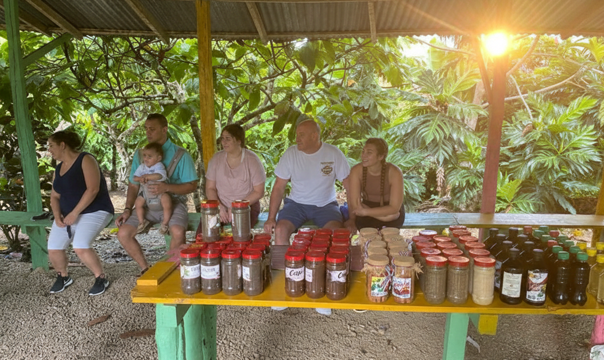 Visitors enjoying local products at Excursia Punta Cana tour site.